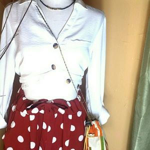 Burgundy white polka-dot wide leg pants